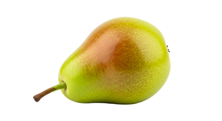 Green pear shows some brown coloring on its surface and a brown stem against a plain background.
