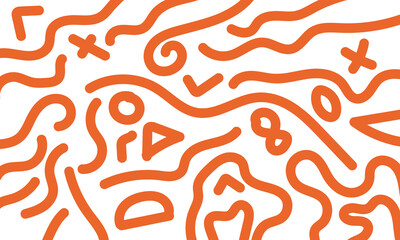 Abstract Orange Doodle, Background, Poster, Greeting Card or Cover Design with playful shapes, lines, geometric and hand-drawn elements in orange, white colors.