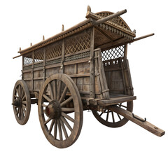Obraz premium Detailed vintage wooden wagon with intricate carvings perfect for historical scenes or fantasy settings isolated on a white background