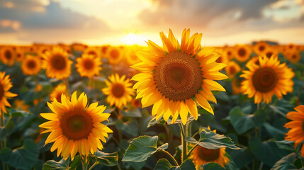 Golden hour in a sunflower field stretching into horizon, bright and vivid.