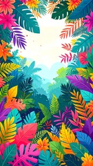 Obraz premium Vibrant tropical foliage creates a colorful jungle scene, framed by a variety of leaves and flowers.