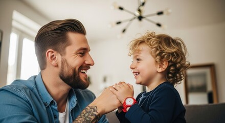 Father and child smiling, holding hands, happy indoors scene