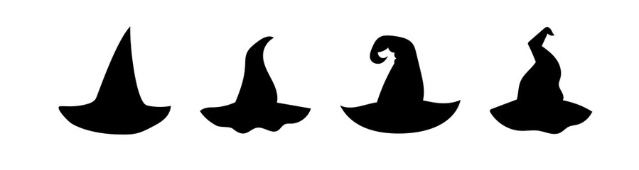 Halloween witch hat silhouettes – unique black designs perfect for spooky party decor, fantasy illustrations, and witch-themed creative projects.