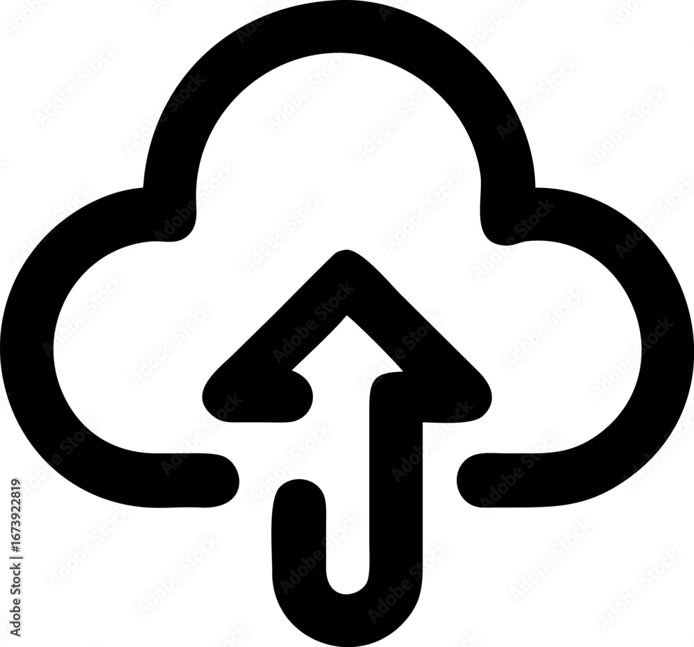 Poster simple black line art icon of a cloud with an upward arrow, representing data upload, cloud computin