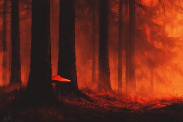 Fiery, orange-toned forest scene