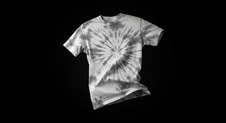 A soft, casual, short-sleeved shirt with a tie-dye pattern, featuring a radial design, is displayed against a stark black background, showcasing the garment's texture and style.