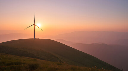 Peaceful Sunrise Landscape with Wind Turbine on Green Hill and Misty Mountains
