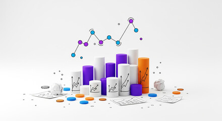 Colorful 3d bar chart and line graph with upward trend, isolated on white background, representing business growth and financial success