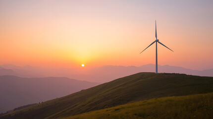Peaceful Sunrise Landscape with Wind Turbine on Green Hill and Misty Mountains
