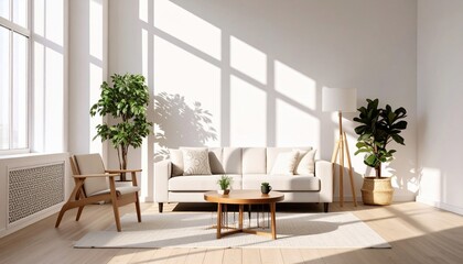 Modern and minimalist living room interior with sunlight and plants
