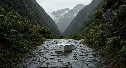 A breathtaking view of a stone pathway leading towards majestic mountains, with lush greenery on both sides, creating a serene and captivating natural landscape.