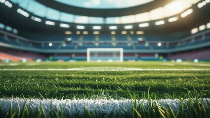 Soccer field with stadium, game, and grass.