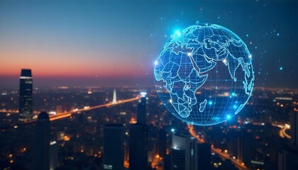3D wireframe globe with digital data streams and binary code overlay, representing global technology network .