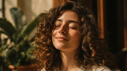 Close-up of a Relaxed Woman with Curly Hair Smiling Calmly Indoors in Natural Light.