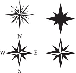 Four compass rose symbols in black and white on a white background direction north