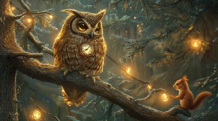 an owl and a squirrel in a tree decorated with small lights, creating a magical or fantasy atmosphere