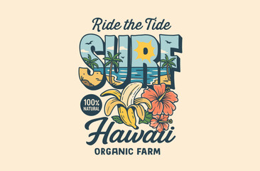 Surf&rsquo;s Up Beach illustration. Resort Sunset Ocean art. Vintage Surfing vector. Retro Badge illustration . Vector Illustration