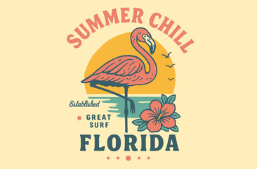 Summer illustration. Chill Florida illustration. Flamingo art. Tropical Retro Vacation art. Badge Vector Illustration. flamingo illustration. © panji
