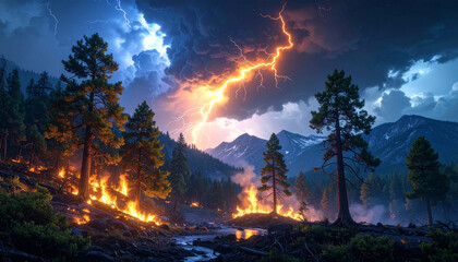 Nature wildfire caused by lightning strikes ignites forest flames with dramatic sky and mountain backdrop creating intense natural disaster scene