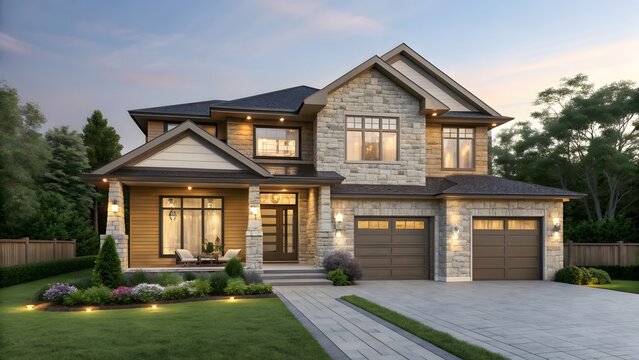 Beautifully lit stone exterior luxury family home with double garage at dusk