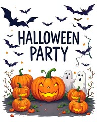Halloween Party Banner with Typography, Spooky Decorations, White Background