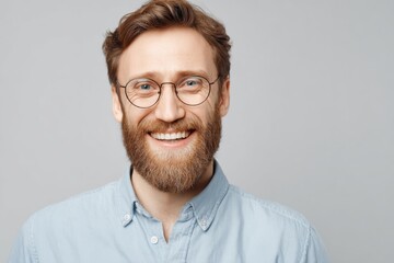 Obraz premium Friendly smiling man with beard glasses and casual shirt isolated background.