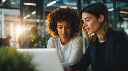 Modern diverse women working together using laptop in contemporary office setting.