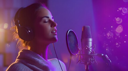 Woman wearing headphones singing into a studio microphone with purple lighting image