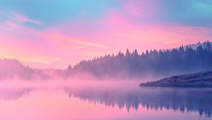 Fototapeta premium Serene lakeside scene at dawn, pastel pink and blue sky reflecting on calm water, misty forest backdrop