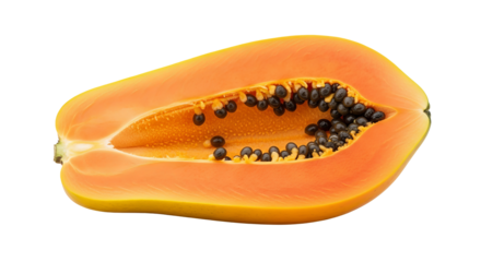 Halved papaya fruit displays seeds and pulp against a stark background. - high quality Halved papaya fruit displays seeds and pulp against a stark bac