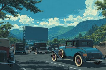 Drive In Movie Illustration. Retro American Cinema Entertainment with Vintage Cars in 1920s Parking Lot