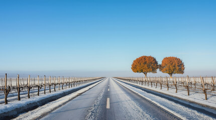 “Peaceful Frosty Vineyard Road with Autumn Trees and Clear Blue Sky Landscape”
