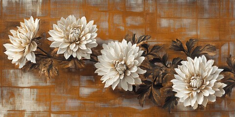 Elegant White Chrysanthemum Flowers on Brown Canvas Art Print