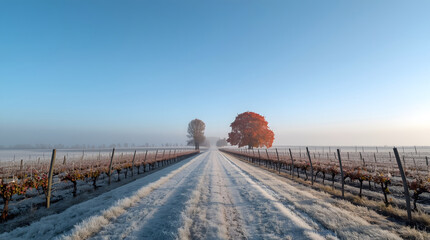 “Peaceful Frosty Vineyard Road with Autumn Trees and Clear Blue Sky Landscape”
