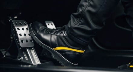 Foot pressing shiny metal car pedal, wearing leather shoe