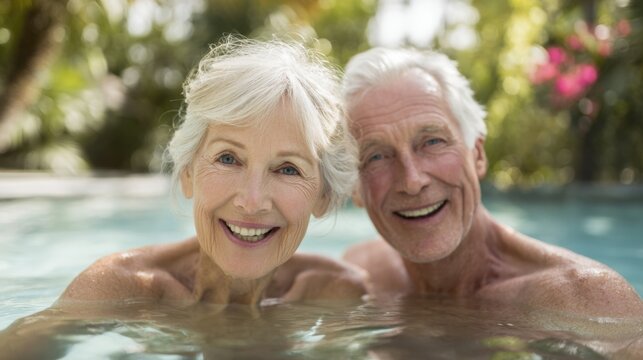 Elderly couple smiling and enjoying a cheerful moment together in a swimming pool.