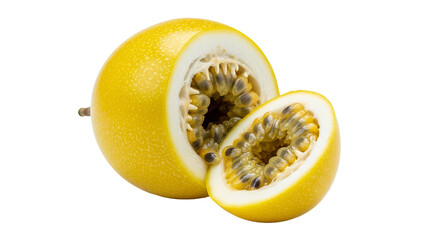 Halved passionfruit reveals numerous seeds surrounded by yellow pulp inside its rind.