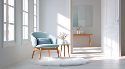 Fototapeta premium minimal pastel living space, cozy scandinavian interior, sunlit hygge home decor, Scandinavian interior with pastel chair, striped cushion and fluffy rug