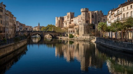 Fototapeta premium France Narbonne. Historic Old Town with River, Bridge, and Architectural Buildings