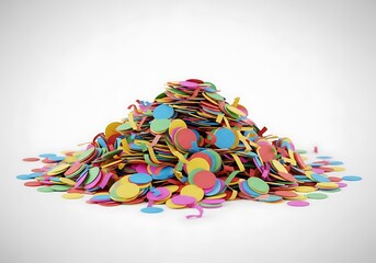 Fototapeta premium Pile of Colorful Confetti Streamers and Circles on White Backdrop