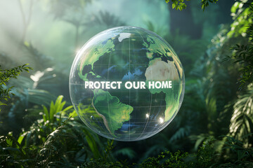 A transparent globe marked with Protect Our Home hovers in a lush, green forest