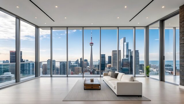 Modern luxury living room with panoramic city skyline views from floor to ceiling windows