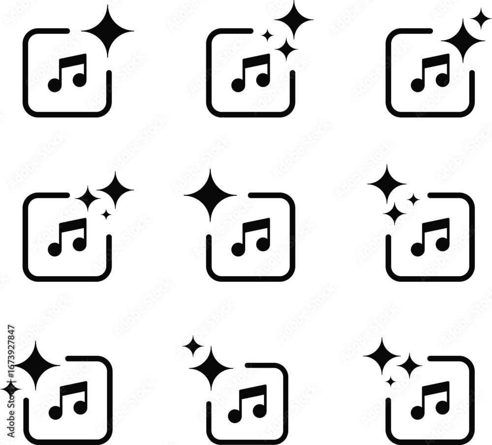 Fototapete set of generative music ai icons, flat vector collection with sparkle note symbols, artificial intel