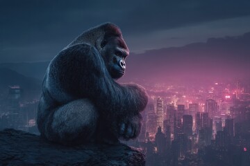Gorilla King Kong. Adult African Ape Alone on Cliff with Glowing City Background