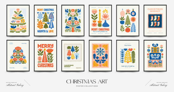 Merry Christmas and Happy New Year vertical flyer or poster template. Modern trendy minimal style. Hand drawn design for wallpaper, wall decor, print, postcard, cover, template, banner.
