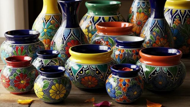 Colorful Mexican Talavera Pottery - A collection of vibrant Talavera pottery, showcasing intricate floral designs and rich colors, sits on a rustic wooden surface.