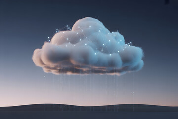 A fluffy cloud is suspended over a landscape, digitally connected with glowing dots, a stock footage visual used for cloud concepts