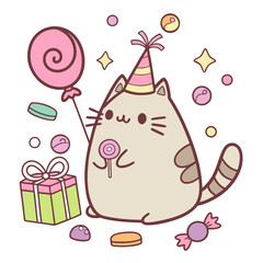 Delightful Excited Chonky cat in a Birthday scene with wearing a party hat – Candy Shop vector illustration