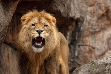 Obraz premium Growling Lion on the Rock. Powerful King of the Wild: Animal, Cat, Leo