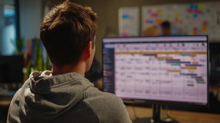 Over-the-shoulder shot of a man participating in a virtual team meeting with project timelines on screen